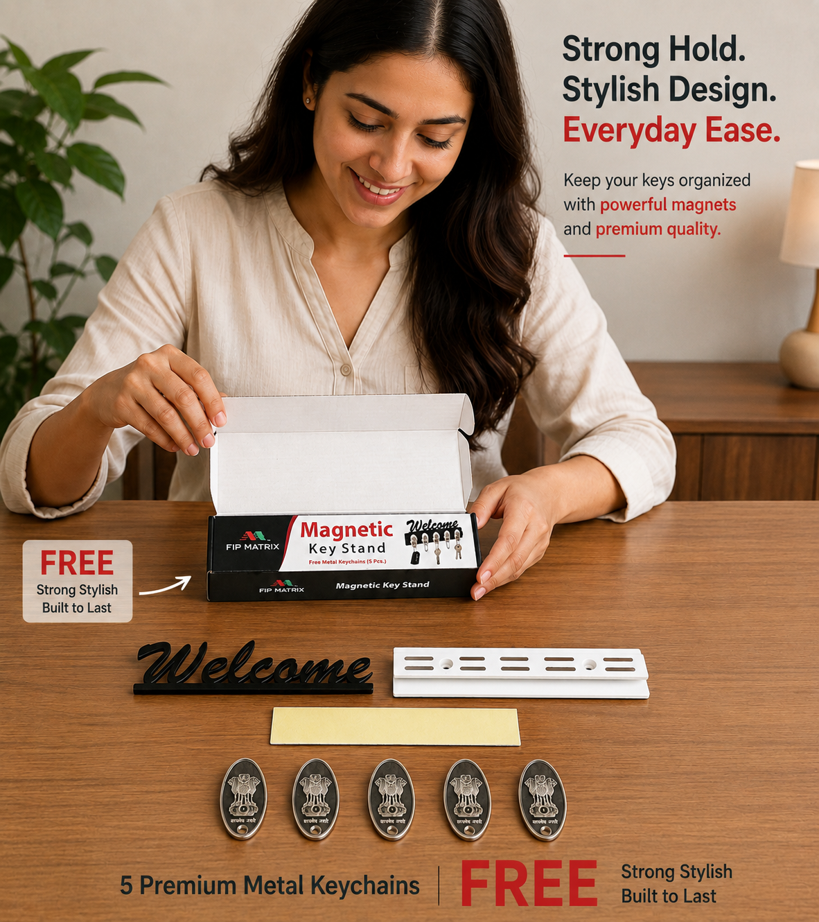 Magnetic Key Stand with 5 Metal Keychains